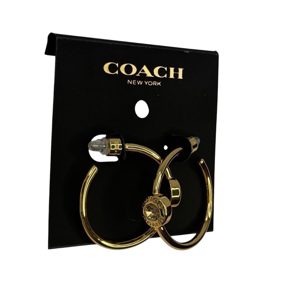 Coach Gold Tone Signature C Halo Pave Crystal Hoop Earrings NWT Preppy Luxury - Picture 2 of 4